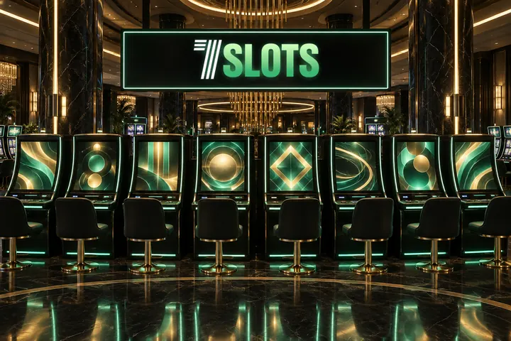 Üzerinde 7Slots logosu olan ışıklı pano ve altında sıralanmış slot makineleri