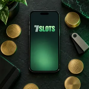 Ekranında 7Slots logosu olan telefon ve yanında altın renkli kripto para madalyonları